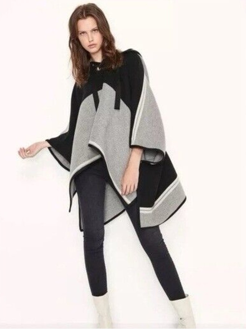 ba&sh Wool Blend Colorblock Hooded Poncho Cape - One Size
